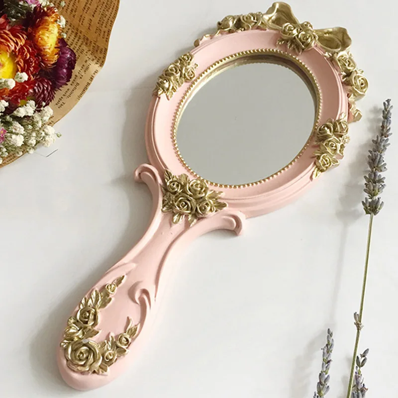 Pink 1 шт. милые Креативные деревянные винтажные ручные зеркала для макияжа косметическое зеркало прямоугольной формы с ручкой для подарков - Цвет: Pink