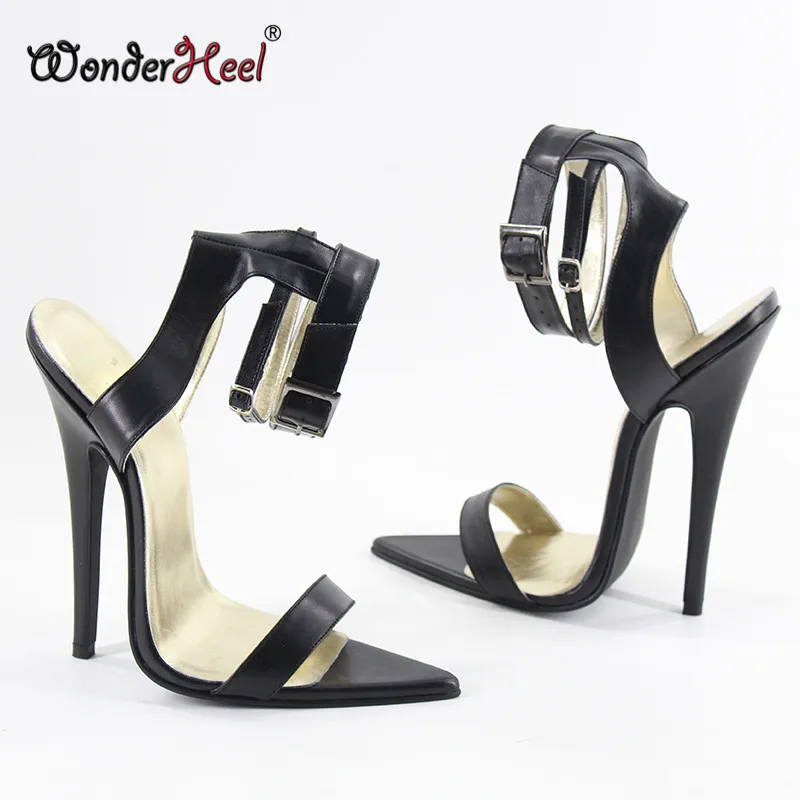 Wonderheel/пикантные женские босоножки из натуральной кожи на очень высоком каблуке-шпильке 16 см с пряжкой и ремешками с острым носком