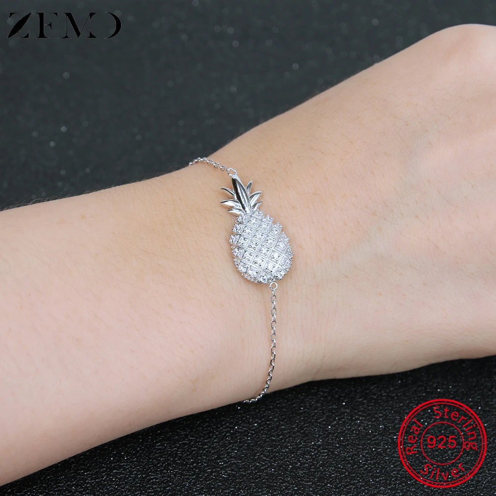 

ZEMO 100% 925 Sterling Silver Pineapple Shape Bracelets With CZ Women's Crystal Plant Bracelets Christmas Gift Party Jewellery