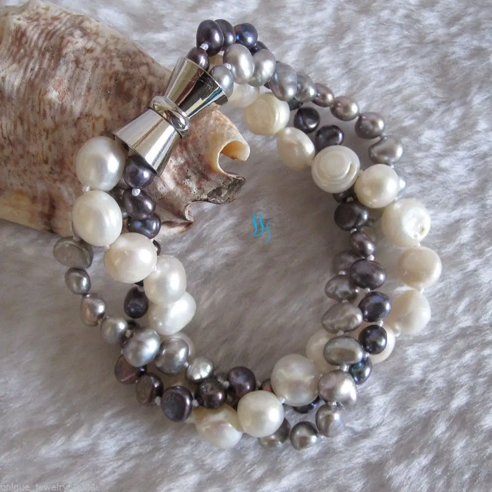 

natural 8" 6-9mm White Gray Peacock Baroque 3Row Freshwater Pearl Bracelet