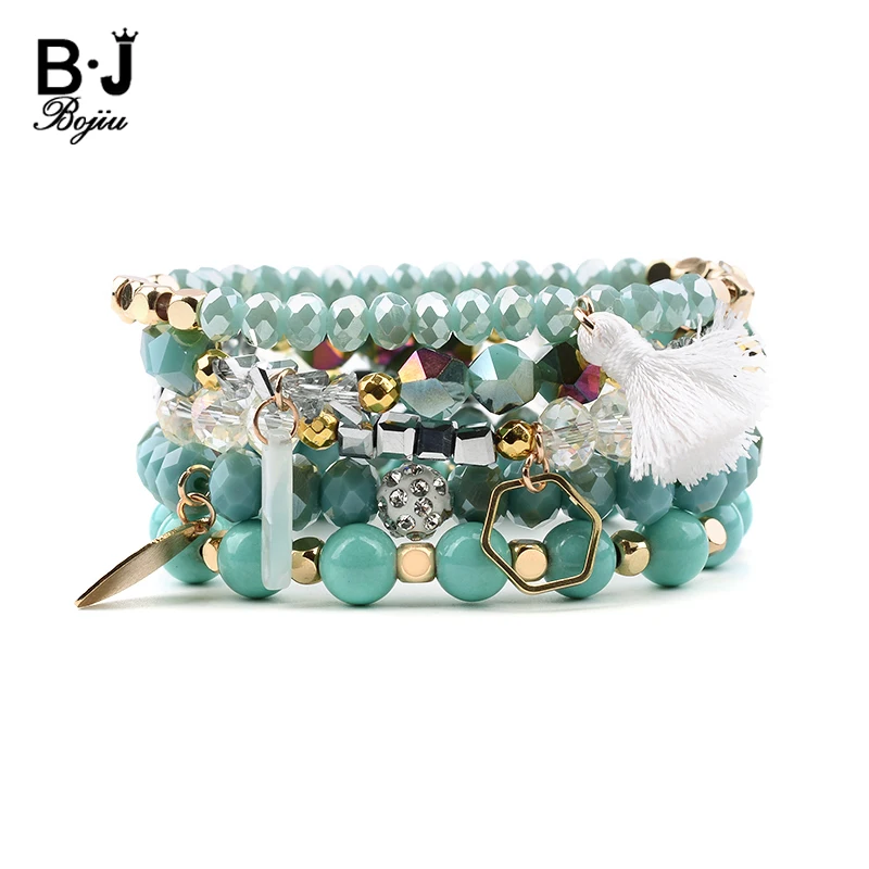 

BOJIU 5 Pcs/Set Multiple Layers Crystal Charm Bracelets For Women Elastic Trendy Mint Blue Red Pink Style Bracelets Set BCSET255