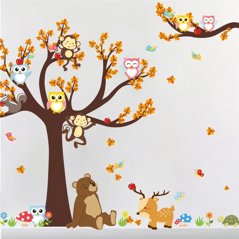 

Cartoon Forest Tree Branch Animal Owl Monkey Bear Deer Wall Stickers For Kids Rooms Children Bedroom Wall Decal Home Decor Mural