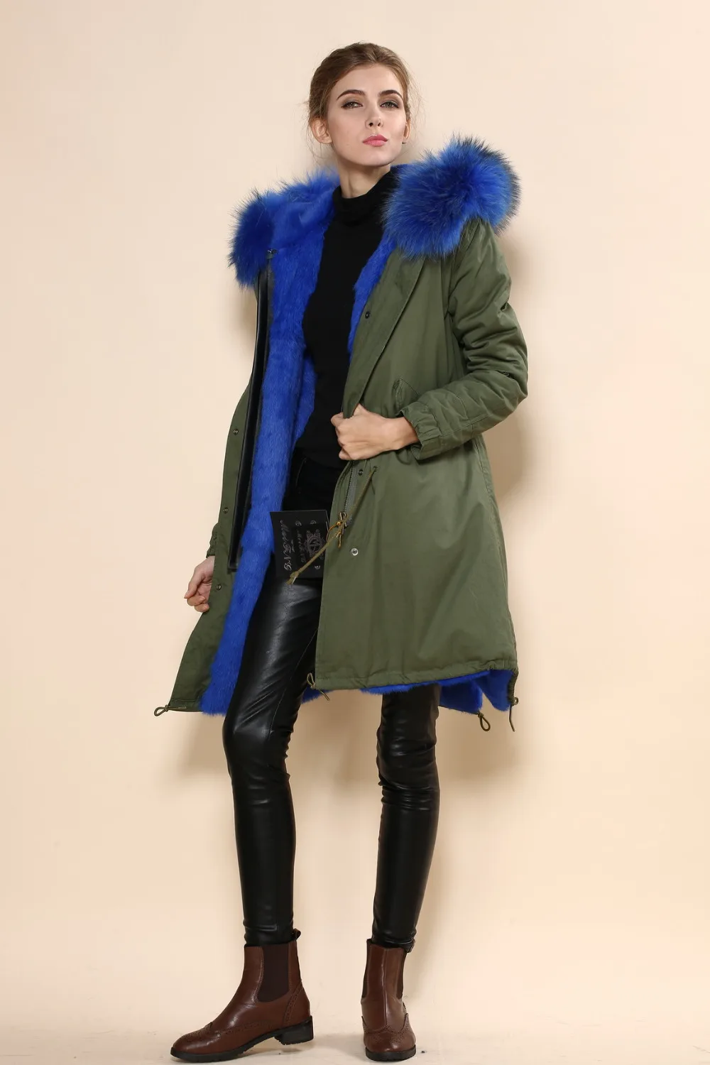 Темно-зеленая женская зимняя пуховая модная синяя шапка длинная парка высшего