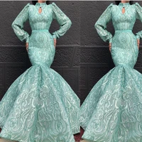 green prom dresses 2019 high neck lace long sleeve mermaid evening dresses arabic party dresses formal dresses