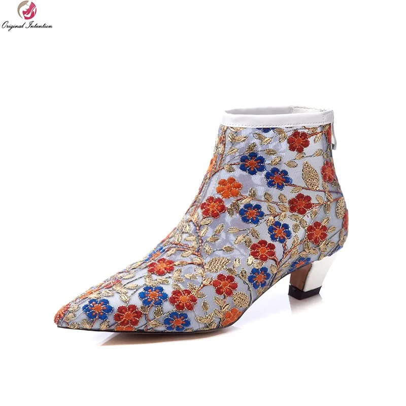 

Original Intention Super Fashion Women Ankle Boots Flowers Pointed Toe Kitten Heels Boots Gorgeous Shoes Woman Size 4-10