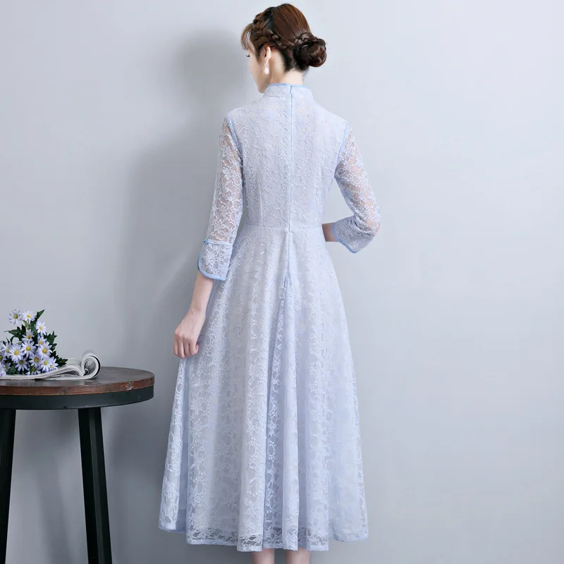 Модное кружевное платье Ципао в Корейском стиле с коротким рукавом Cheongsam Goddess