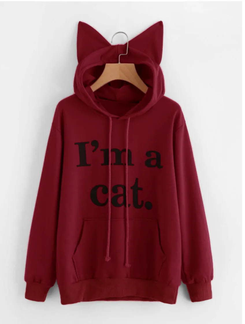 wine hoodie Текст Буква Кошка Худи Кошка Ухо Карман Кенгуру Кофта С Капюшоном Больших Размеров Харадзюку Каваи Милый Свитшот Модный Шнурок Длинная Линия Толстовка Капюшон Повседневный Черное Винный Красный Розовый Серый - Цвет: wine hoodie