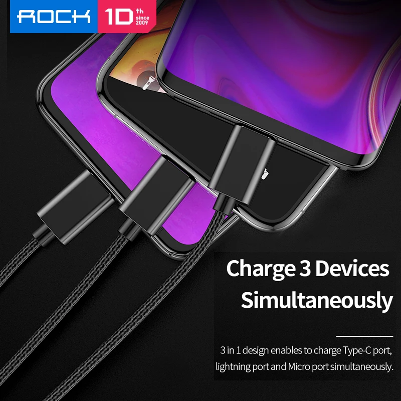 ROCK 2M 3 в 1 зарядное устройство Micro USB type c кабель Быстрая зарядка для iPhone x xs max для samsung galaxy s10 xiaomi для ios 8