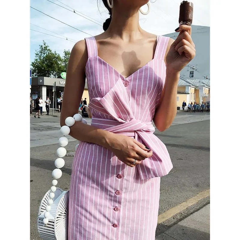 Женское облегающее платье миди в полоску без рукавов на пуговицах сексуальные