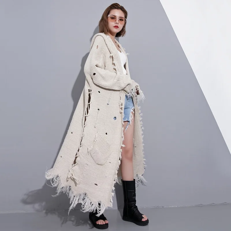 SweaterFor Для женщин кардиган с капюшоном длинным рукавом выдалбливают бинты