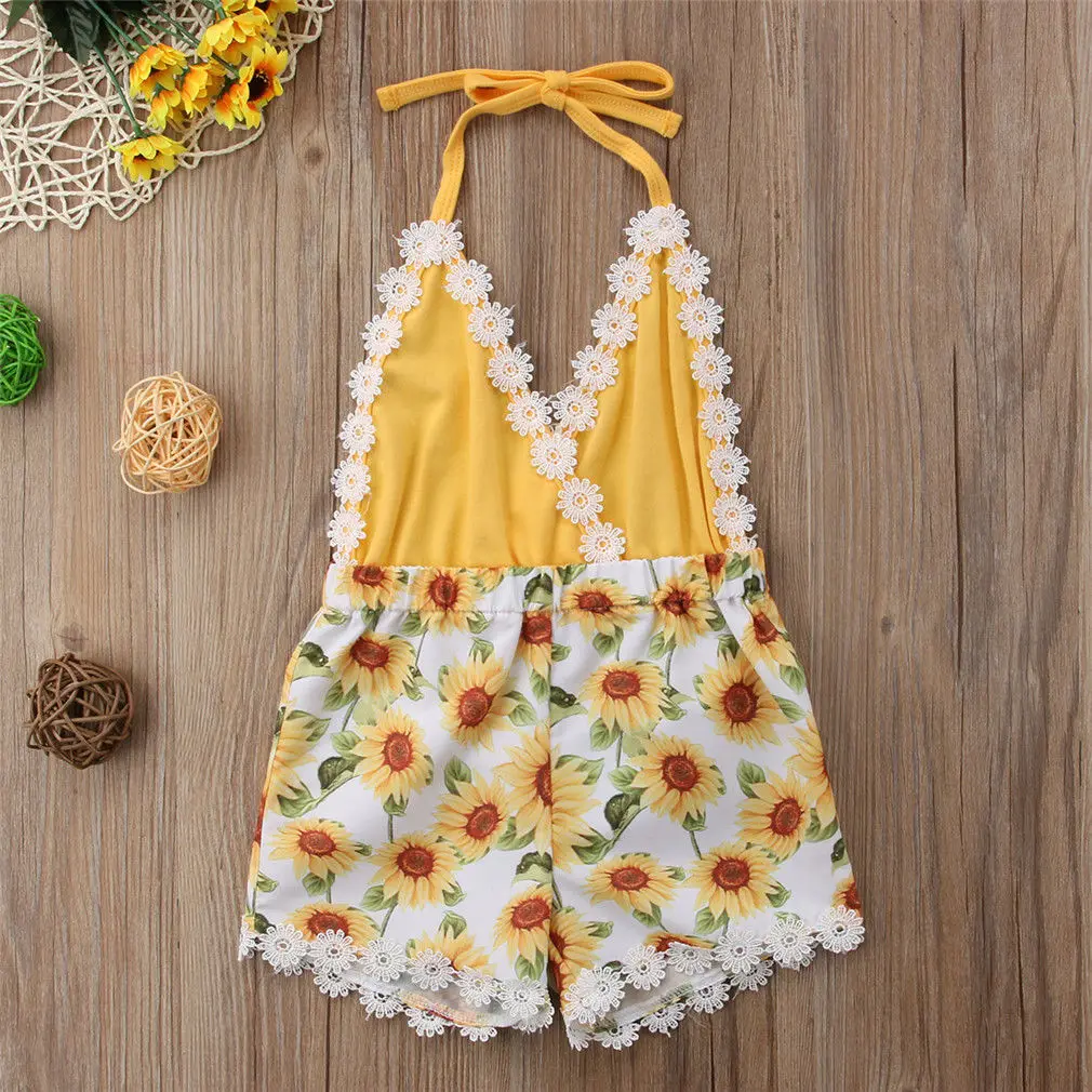 

2018 Brand New 0-5Y Summer Toddler Baby Girls Romper Jumpsuits Lace Sleeveless Belt V-Neck Sunfolwer Yellow Patchwork Romper