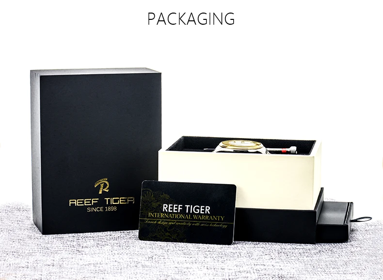 Reef Tiger/RT роскошные мужские повседневные часы с черным циферблатом, золотые мужские часы с хронографом, кварцевые часы с кожаным ремешком RGA1669