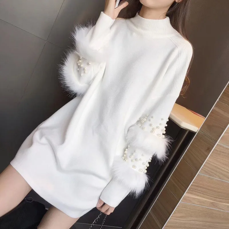 Rlyaeiz Sweater Women 2018 Autumn Winter Fashion Beading Half Turtleneck Knitwear Pullover Woman Loose Mid-long Knitted Sweaters | Женская