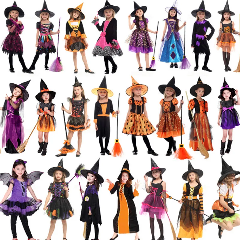Black Girl Long Dress Witch Cosplay Costume Stage Performance Masquerade Party for Kids Halloween | Тематическая одежда и