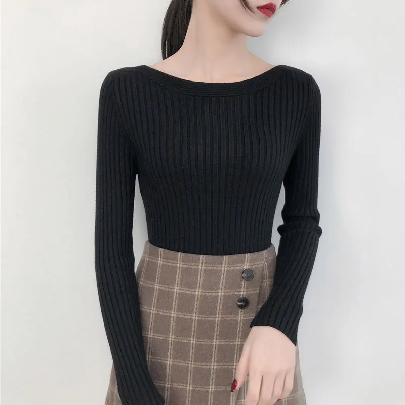 

New Spring autumn Sweater one word collar pullover knitted sweater women's long sleeve casual Solid color shirt Wool sweater