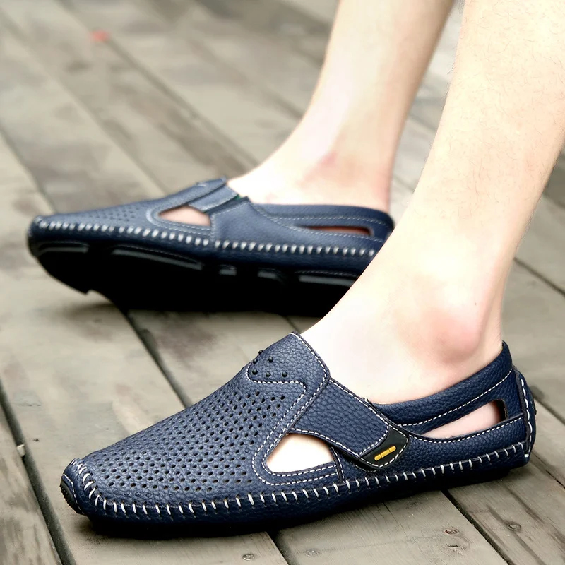 Полые мужские лоферы Разделение кожаная обувь для мужчин Водонепроницаемые