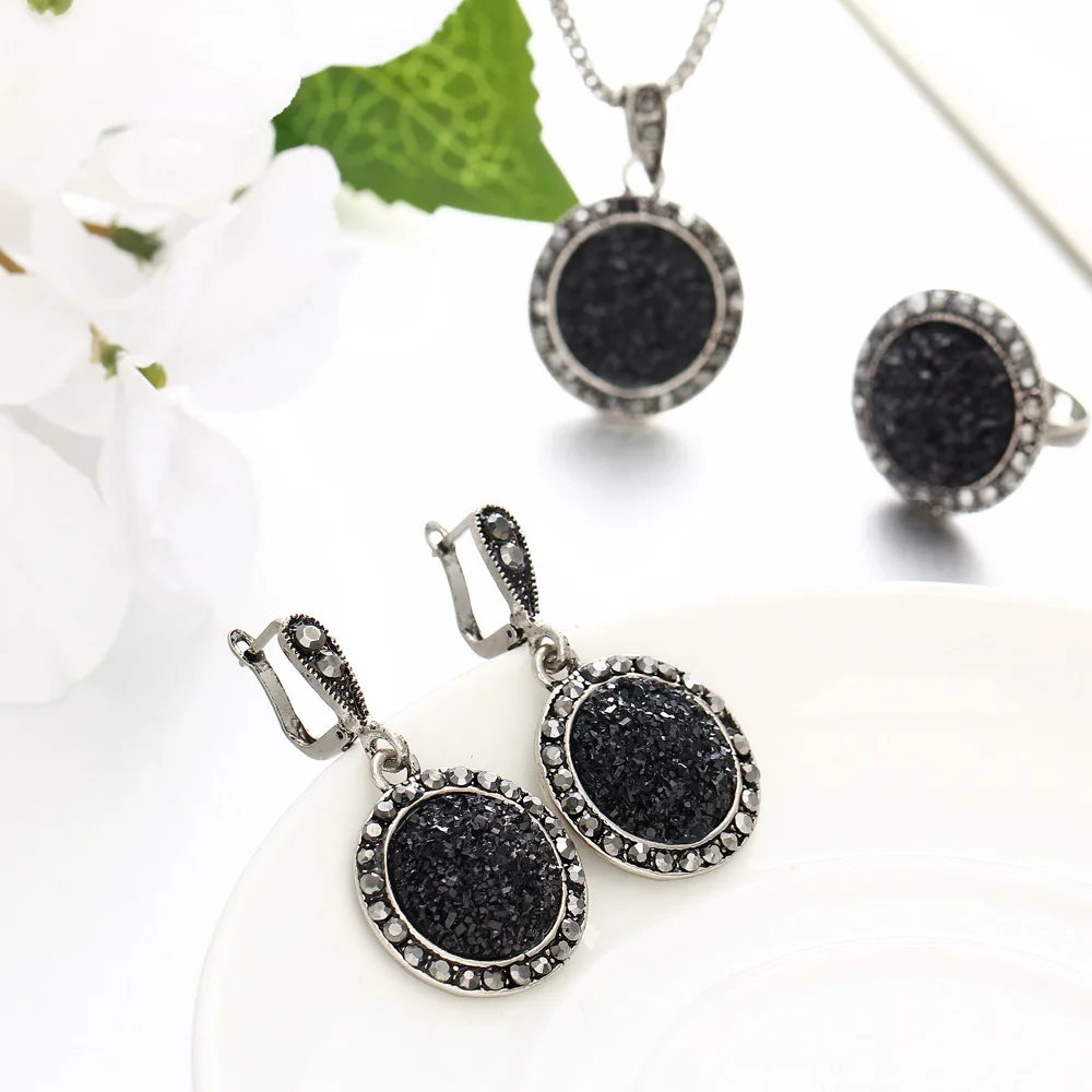 Vintage Crystal Wedding Engagement Jewelry Sets for Women Rhinestone Round Necklaces Pendants Drop Earrings Ring Set | Украшения и