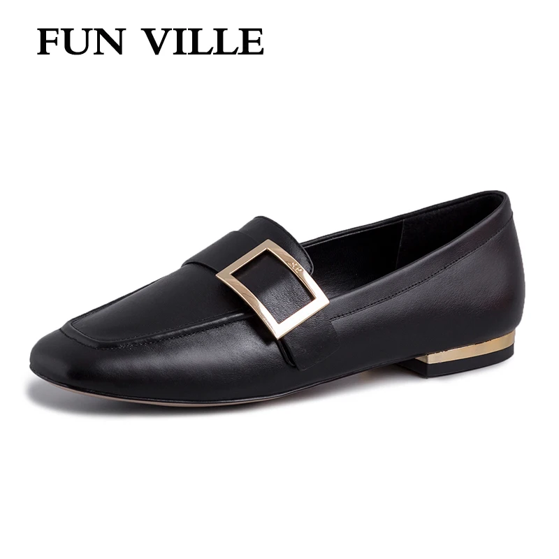 

FUN VILLE New Fashion Flat shoes for women Genuine Leather Spring Summer Oxfords shoes Sexy Ladies Casual Shoes Square Toe