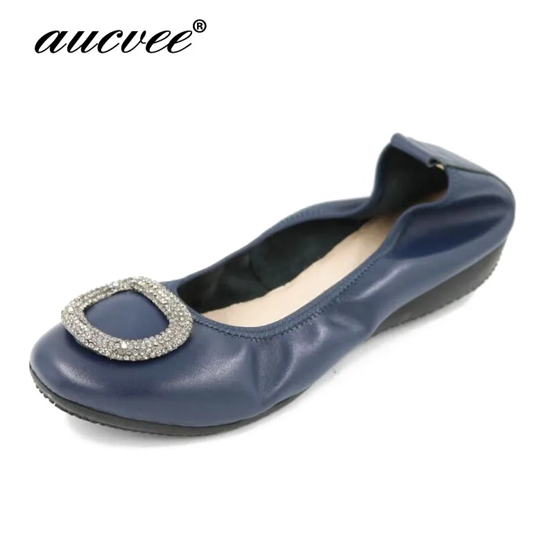 

aucvee Brand Women 100% Genuine Leather Woman Ballet flats Woman Shoes Round Head Rhinestone Buckle Loafer Slip-on Boat Shoe V03