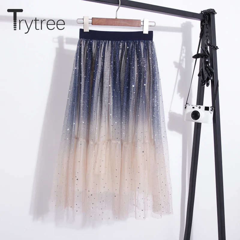Женская двухслойная сетчатая юбка Trytree романтичная Лоскутная трапеция до
