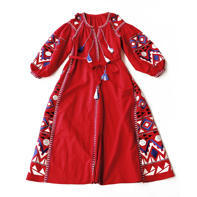 Женское льняное платье макси с вышивкой и помпоном|womens clothing|dress linenmaxi dress |