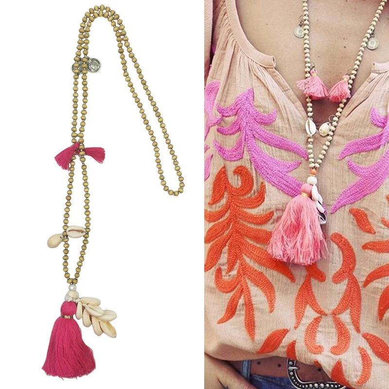 Ожерелья из деревянных бусин DM женское длинное ожерелье с бахромой ракушек