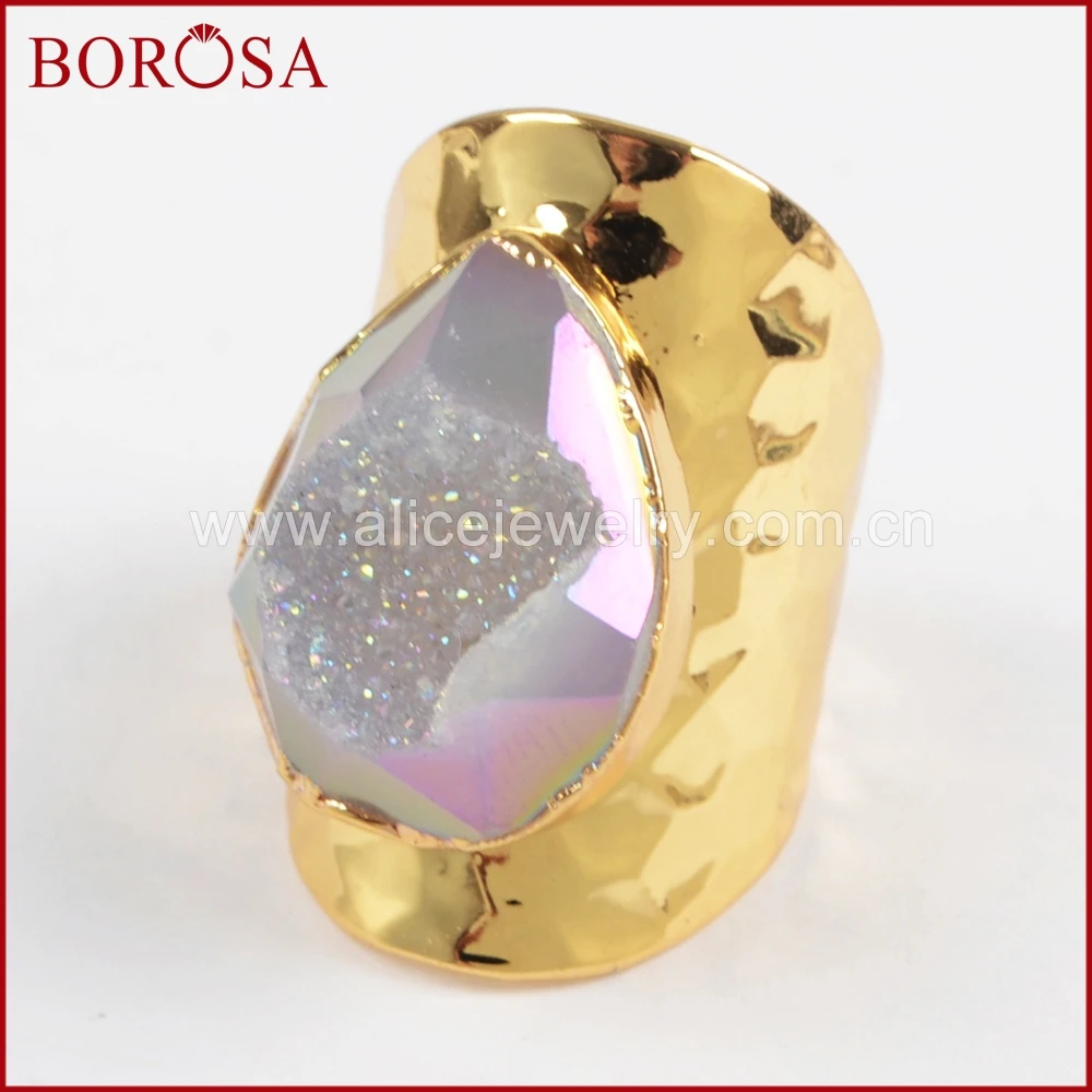 BOROSA Teardrop Drusy Gems Rings for Women Fashion Rainbow Titanium Druzy Faceted Gold Band Party Jewelry G1430 | Украшения и