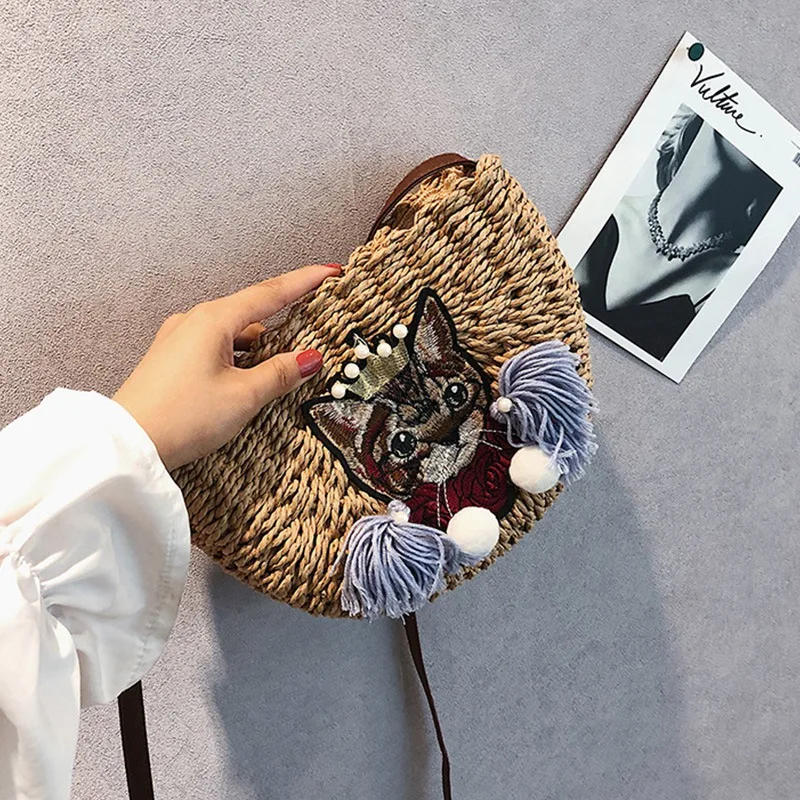 Новая соломенная сумка ручной работы Повседневная пляжная с кошкой плетеная