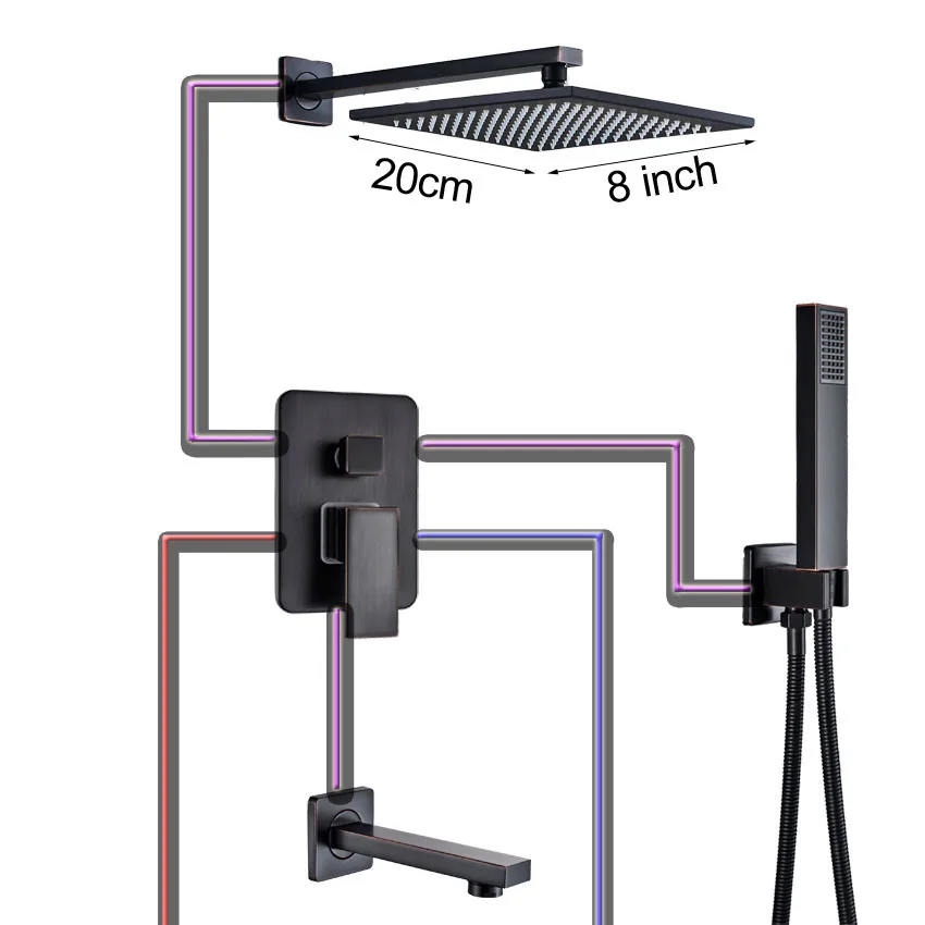 8 inch shower A Настенный 1" дождевой смеситель для душа с одной ручкой, скрытый смеситель для душа для ванны с ручным черным душевым краном, латунный носик - Цвет: 8 inch shower A