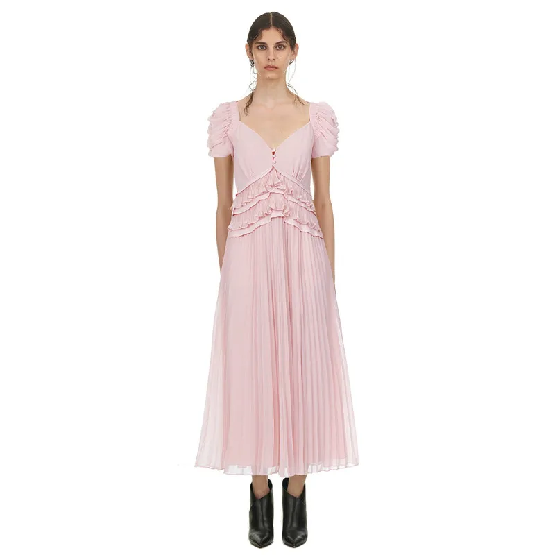 Новое поступление 2019 розовое шифоновое платье с рукавами фонариками женское