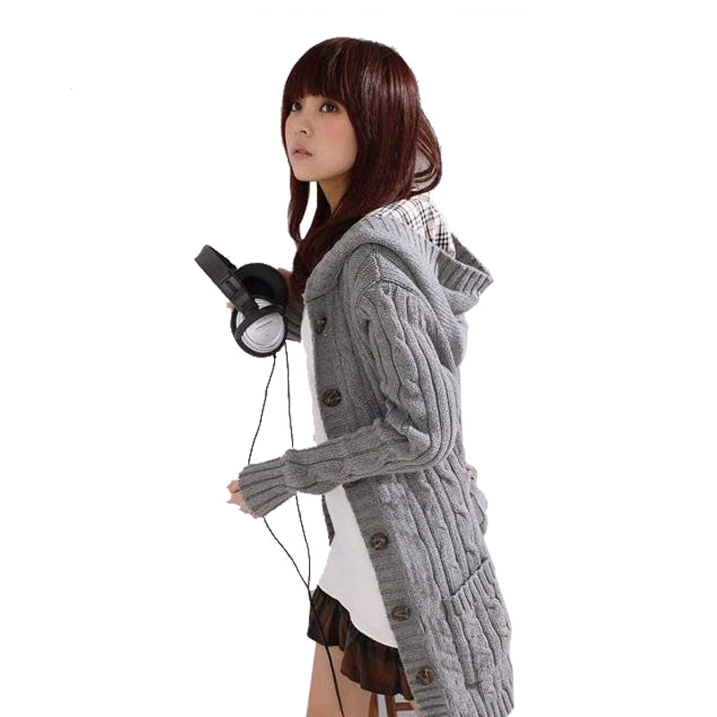 

Women Long Sweater Plaid Hooded Knitted Korean Slim Solid Thicken Color Twist Tie With Thick Sweater Cardigan Coat Spring Autumn