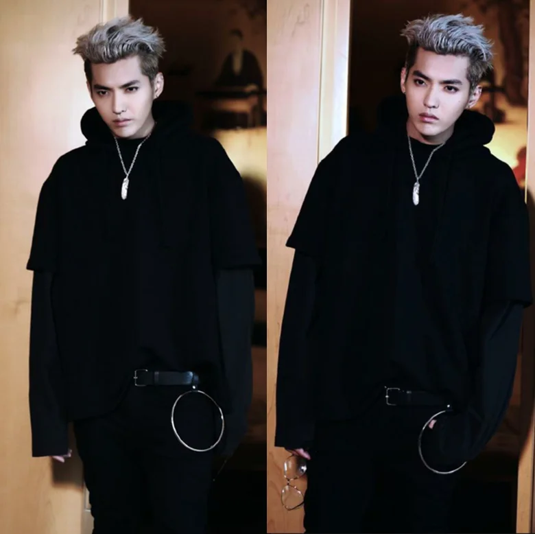 Свитшот с капюшоном kpop EXO KRIS толстовка имитацией двух частей популярная Осенняя