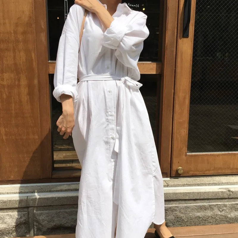 Women Fashion Solid Lapel Loose Shirt Dress Vintage Long Sleeve Sashes Split Empire Single-breasted Casual A-Line Dresses | Женская