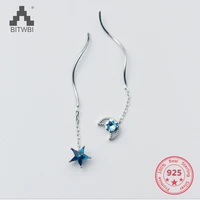 fashion women 925 silver blue crystal zircon star moon chain tassel drop earrings lady asymmetry party earrings jewelry
