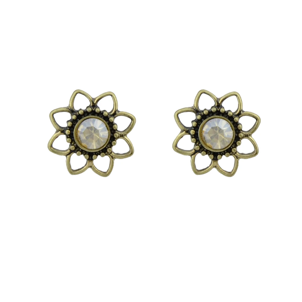 FANHUA Ethnic Boho Earrings Ear Jacket Antique Gold Color with Rhinestone and Blue Stone Flower Stud For Women | Украшения и