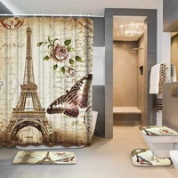 eiffel tower paris landscape print bathroom shower curtain set waterproof anti slip pedestal rug lid toilet cover bath mat set