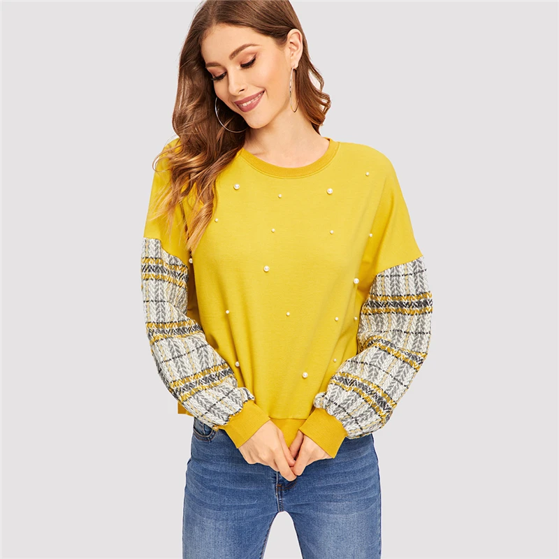 Dotfashion, желтая, украшенная жемчугом, с заниженным плечом, клетчатая толстовка, женская одежда, осень, женские модные повседневные пуловеры