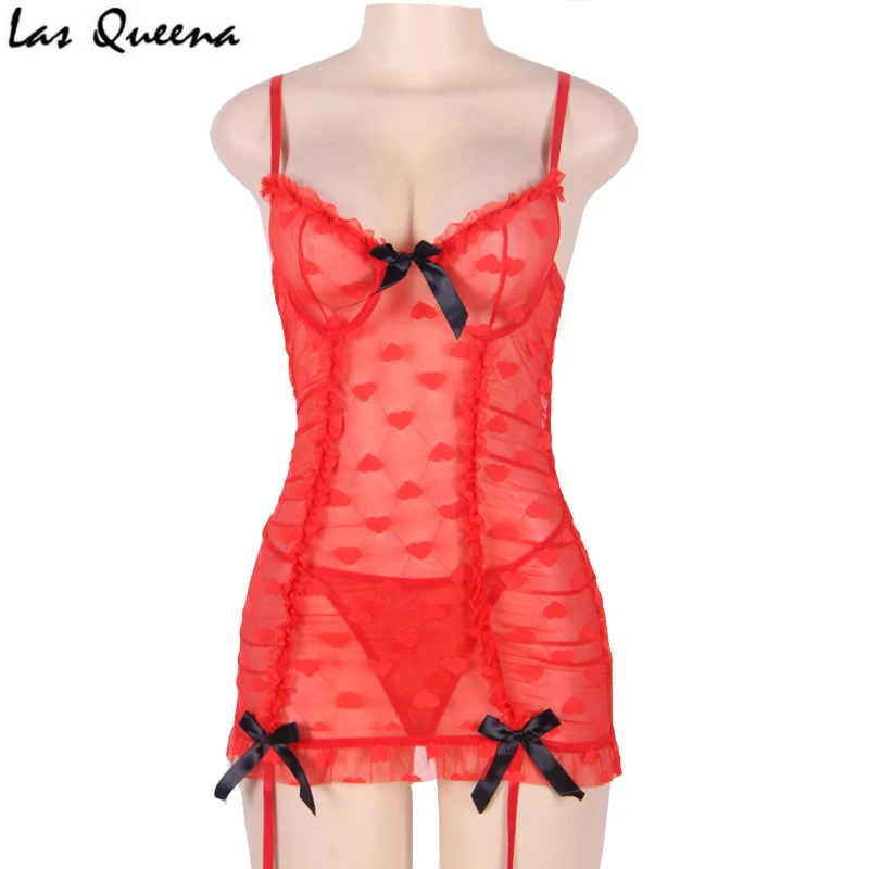 Transparent Sexy Lingerie Hot Erotic Underwear Bow Babydoll Plus Size Garter Women Heart Jacquard Sex Dress | Тематическая одежда