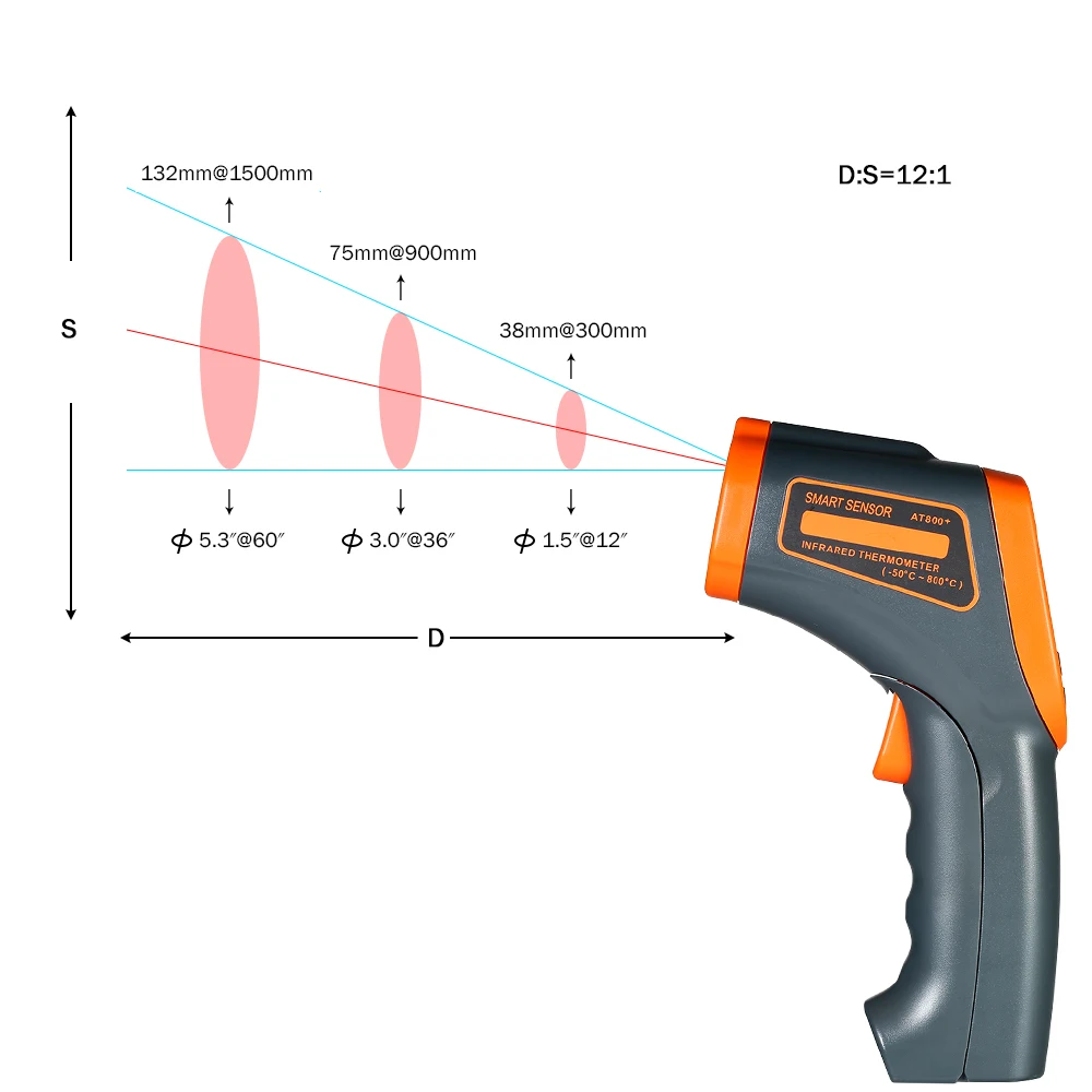  50 ~ 800 градусов Цельсия цифровой Бесконтактный ИК инфракрасный термометр 12:1