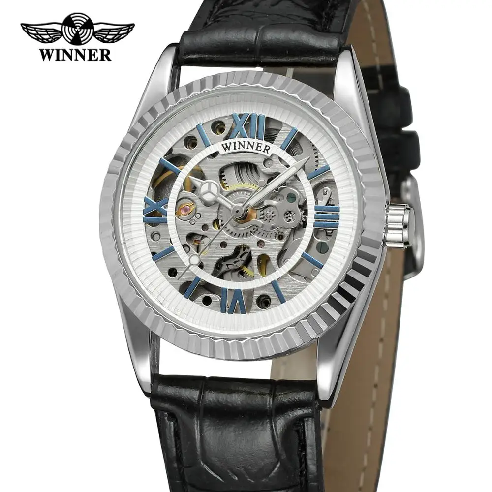 

WINNER watch Casual fashion blue Roman numerals corrugated silver outer dial belt men's wrist watch automatic mechanical watch