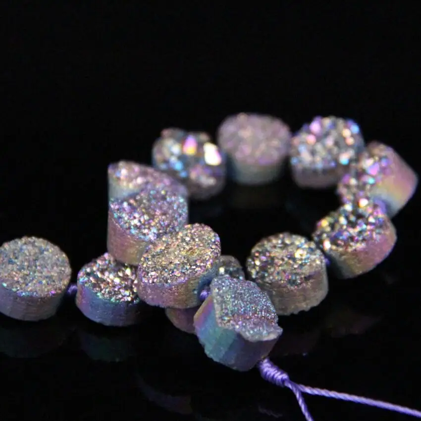 16 шт./нить 12 мм титановые Радужные плоские круглые кабошоны Drusy Agates бусины из