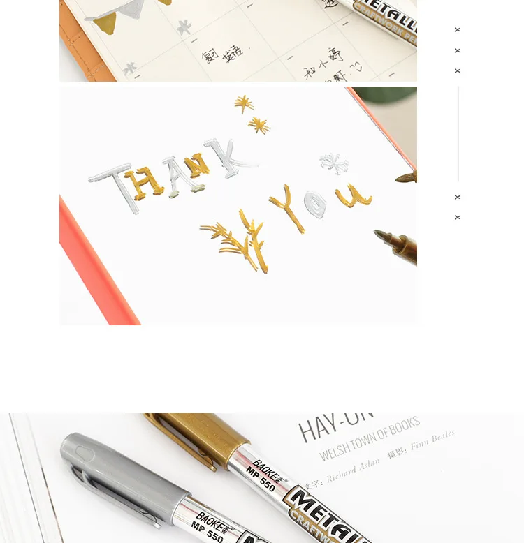 Baoke Metallic Gold Silver Marker Signature Craft Pens for Card Photo Album Ceramic Paint DIY