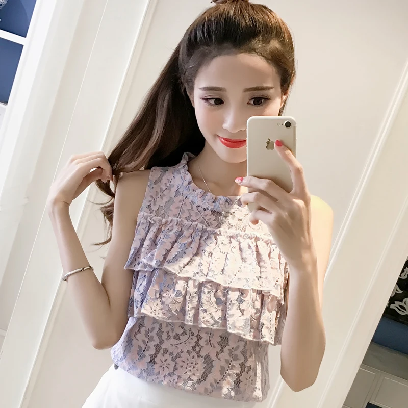 Женская короткая кружевная блузка без рукавов с круглым вырезом|ruffle blouse|white lace