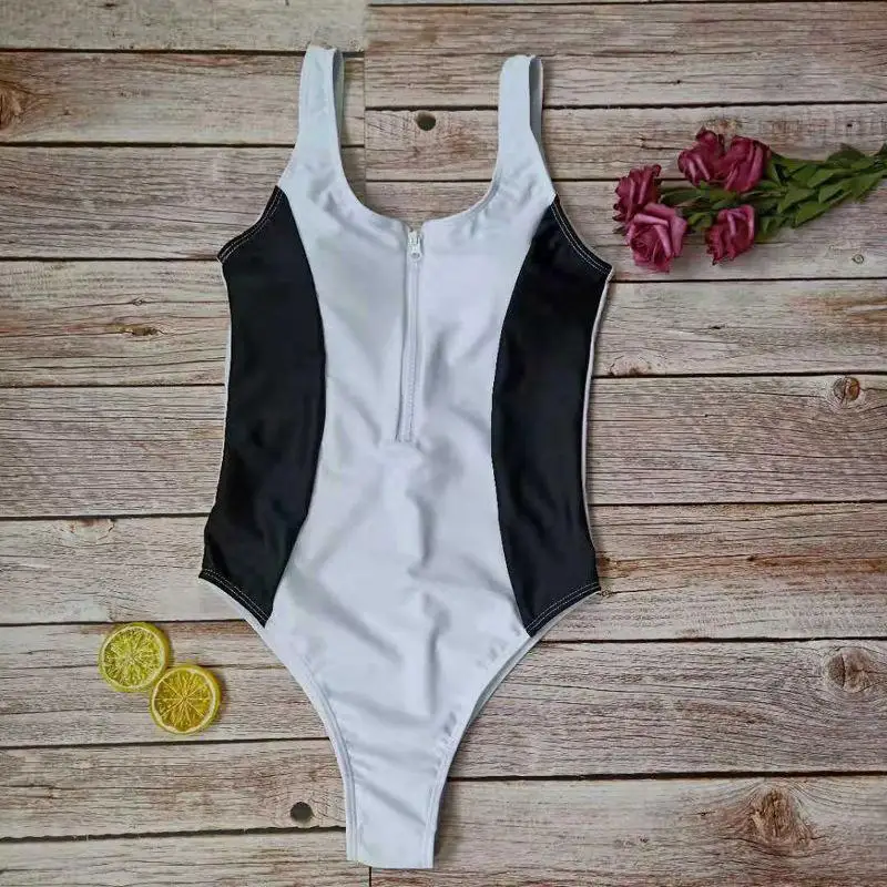 Новинка 2019 дизайнерский купальник на молнии женский черный белый в стиле пэчворк