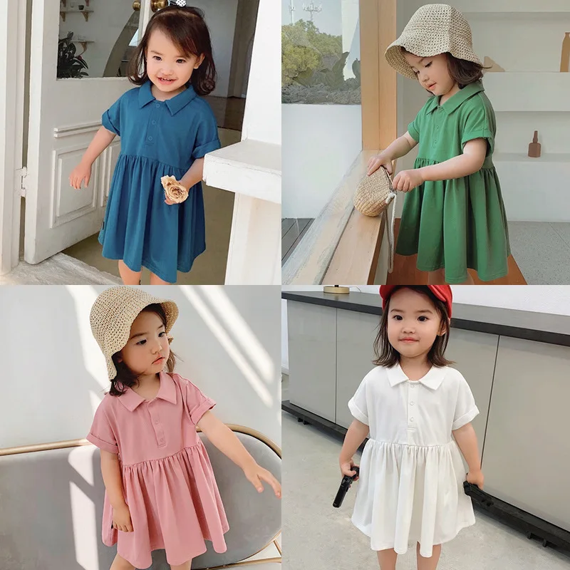Summer Girls Baby Dress Clothes Turn-down Collar Kids Cotton Pleated Children School 100% Princess Dresses | Детская одежда и