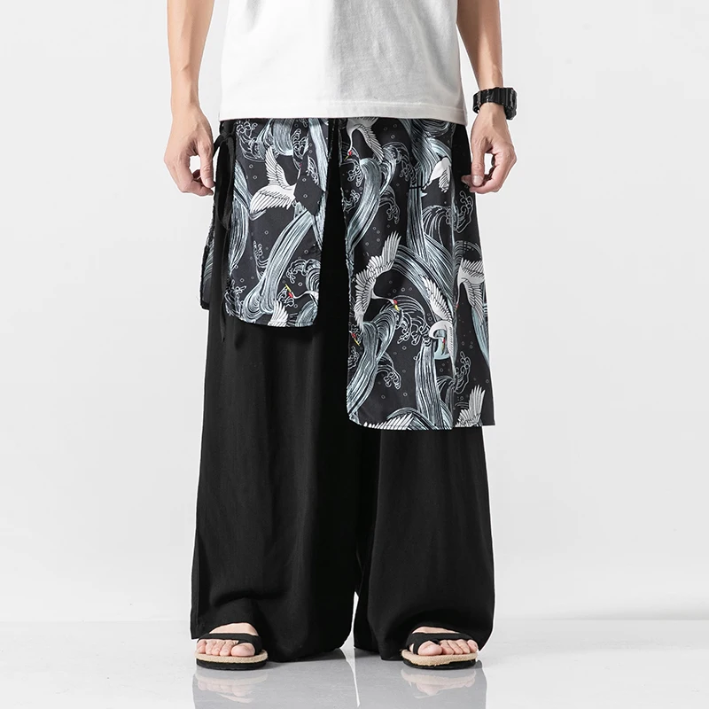 Брюки-кимоно мужские прямые с широкими штанинами повседневные свободные штаны в