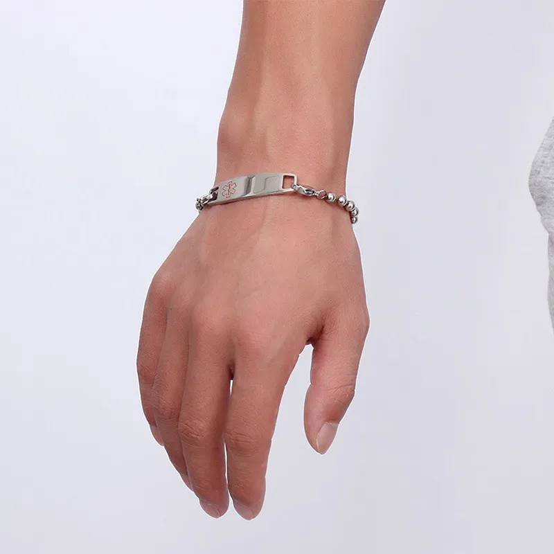 Медицинский браслет из нержавеющей стали с гравировкой и бисером|steel natural|bracelet