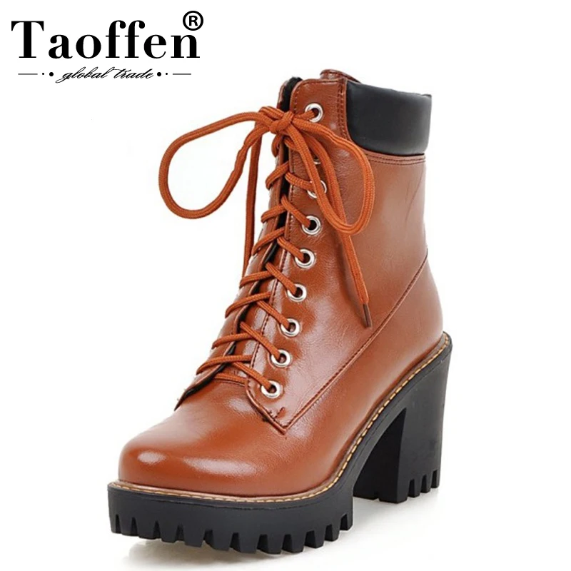 Женские полусапожки на толстом меху TAOFFEN зимние размеров 33-43 шнуровке ботинки