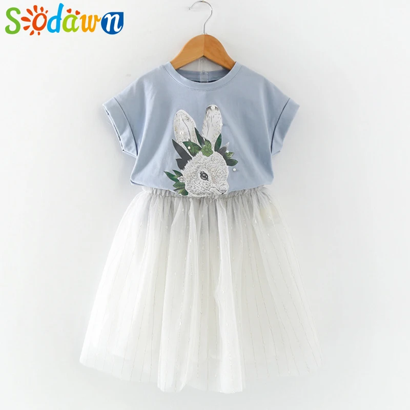 Sodawn Summer Brand Fashion Girls Clothes Cartoon Rabbit T-shirt+ Mesh Dress 2pcs Cute Children Clohting Baby Clothing