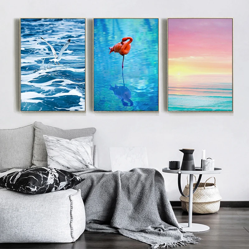 

Canvas Painting Beautiful Seascape Seagull Flamingo Nordic Wall Art Print Posters Minimalist Office Home Decor Modern Background